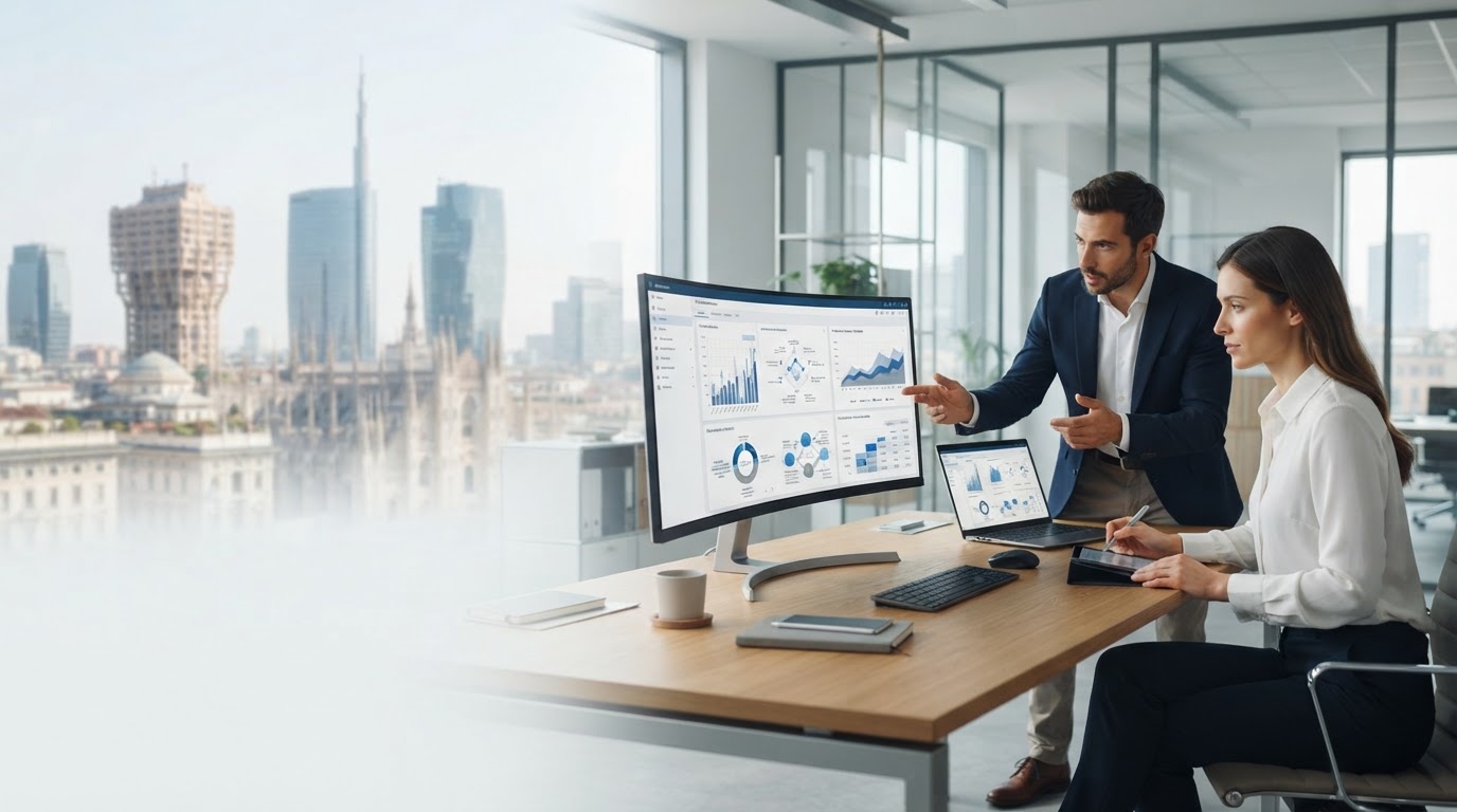 Boost Cipro Xp - edificio direzionale moderno con linea di tendenza dei dati sovrapposta